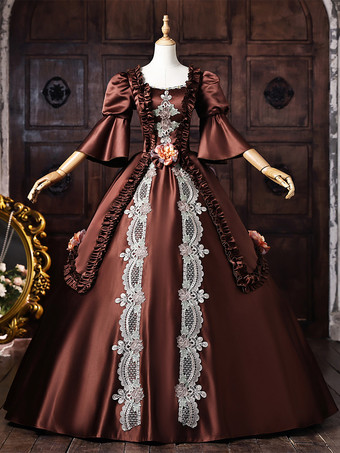 ブラウン ブラウン レディース ヴィクトリアン ロココ ドレス レース アップリケ フレア スリーブ ヴィンテージ レトロ ドレス
