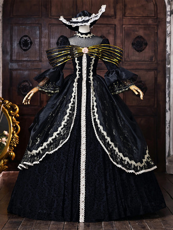 黒のヴィクトリアンロココ調ドレス、金色のリボン、フレア袖、レース、ヴィンテージレトロドレス