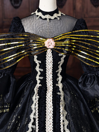 黒のヴィクトリアンロココ調ドレス、金色のリボン、フレア袖、レース、ヴィンテージレトロドレス