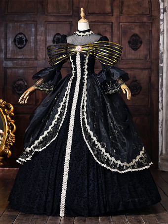 黒のヴィクトリアンロココ調ドレス、金色のリボン、フレア袖、レース、ヴィンテージレトロドレス