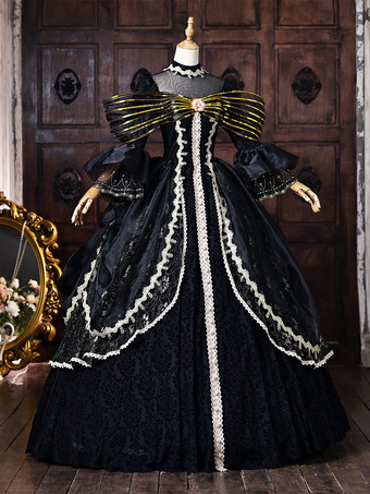 黒のヴィクトリアンロココ調ドレス、金色のリボン、フレア袖、レース、ヴィンテージレトロドレス