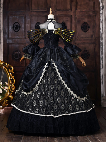 黒のヴィクトリアンロココ調ドレス、金色のリボン、フレア袖、レース、ヴィンテージレトロドレス