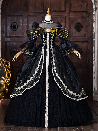 ブラック 黒のヴィクトリアンロココ調ドレス、金色のリボン、フレア袖、レース、ヴィンテージレトロドレス