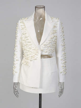 パールビーズ付きブレザースカートセット（レディース） - セクシーなアシンメトリー裾カットアウトミニツーピーススーツ - 春の夜のパーティーに最適 2026