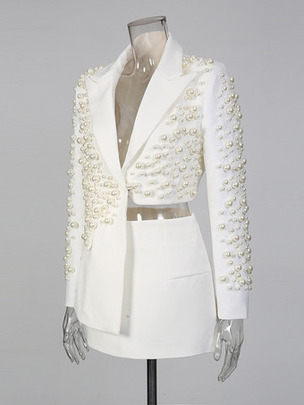 パールビーズ付きブレザースカートセット（レディース） - セクシーなアシンメトリー裾カットアウトミニツーピーススーツ - 春の夜のパーティーに最適 2026