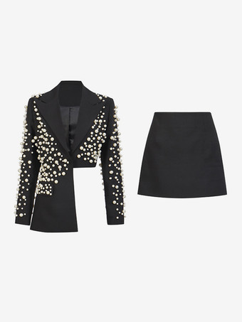 ブラック パールビーズ付きブレザースカートセット（レディース） - セクシーなアシンメトリー裾カットアウトミニツーピーススーツ - 春の夜のパーティーに最適 2026
