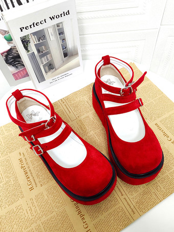 赤いロリータパンプス、プラットフォーム、アンクルバックル、ラウンドトゥ、PUレザー、ロリータシューズ