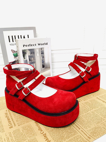 赤いロリータパンプス、プラットフォーム、アンクルバックル、ラウンドトゥ、PUレザー、ロリータシューズ