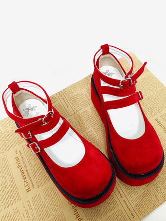 赤いロリータパンプス、プラットフォーム、アンクルバックル、ラウンドトゥ、PUレザー、ロリータシューズ