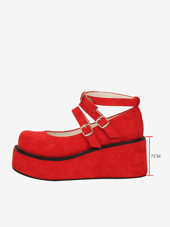 赤いロリータパンプス、プラットフォーム、アンクルバックル、ラウンドトゥ、PUレザー、ロリータシューズ
