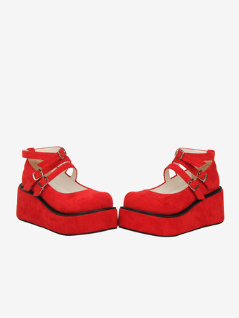 赤いロリータパンプス、プラットフォーム、アンクルバックル、ラウンドトゥ、PUレザー、ロリータシューズ