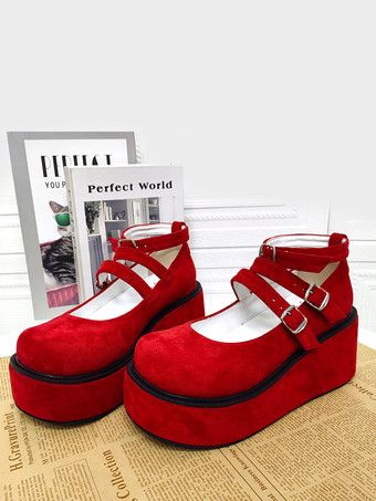 レッド 赤いロリータパンプス、プラットフォーム、アンクルバックル、ラウンドトゥ、PUレザー、ロリータシューズ