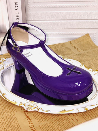 パープルロリータパンプスプラットフォームスウィートクロスPUレザーロリータシューズ