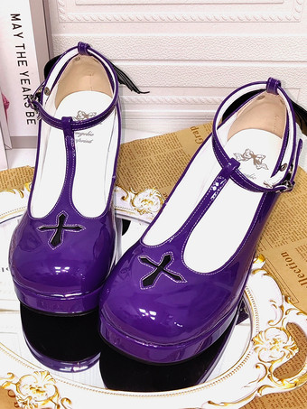パープルロリータパンプスプラットフォームスウィートクロスPUレザーロリータシューズ