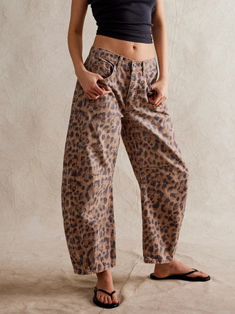 ヒョウ柄レディースバレルレッグジーンズ - ホースシューカットのゆったりワイドレッグデニムパンツ（シームディテール付き） - 2026年春のカジュアルストリートウェア