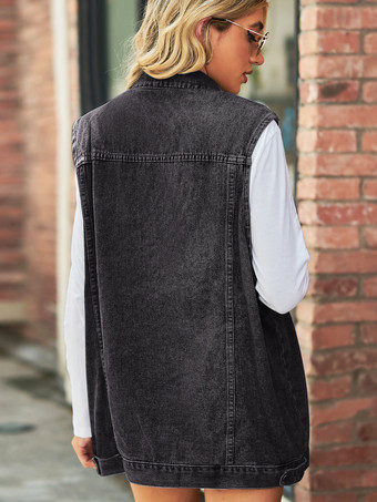 レディース用オーバーサイズデニムベスト - ヴィンテージ風ダメージ加工ノースリーブロングジーンズジャケットコート - 2026年春夏シックストリートウェア