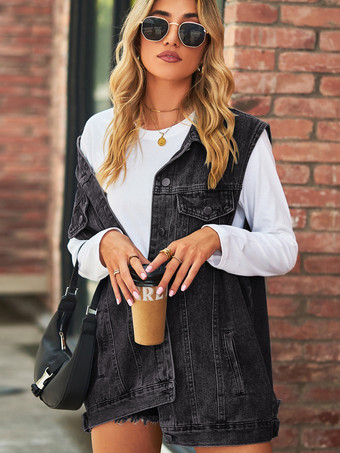 レディース用オーバーサイズデニムベスト - ヴィンテージ風ダメージ加工ノースリーブロングジーンズジャケットコート - 2026年春夏シックストリートウェア