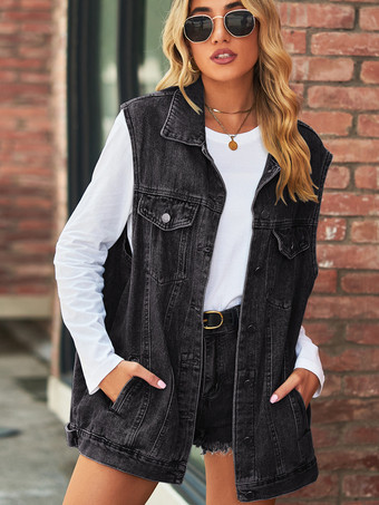ブラック レディース用オーバーサイズデニムベスト - ヴィンテージ風ダメージ加工ノースリーブロングジーンズジャケットコート - 2026年春夏シックストリートウェア