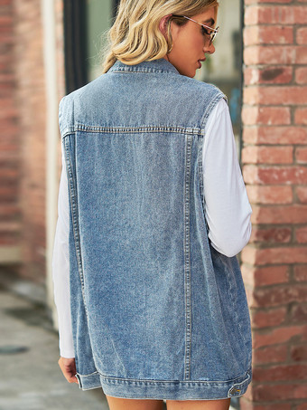 レディース用オーバーサイズデニムベスト - ヴィンテージ風ダメージ加工ノースリーブロングジーンズジャケットコート - 2026年春夏シックストリートウェア