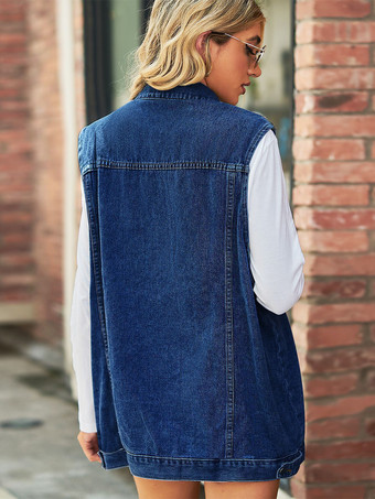 レディース用オーバーサイズデニムベスト - ヴィンテージ風ダメージ加工ノースリーブロングジーンズジャケットコート - 2026年春夏シックストリートウェア