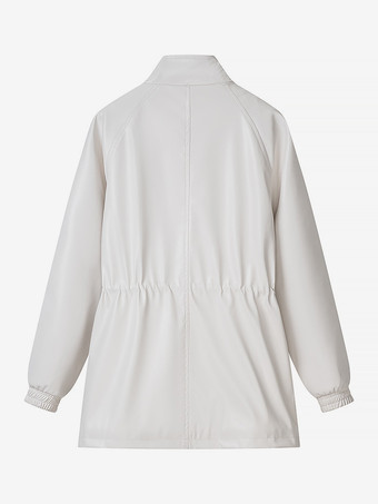 レディース用フェイクレザーサファリジャケット - ドローストリングウエスト、ハイネック、カーゴポケット付きミディコート - 2026年春のシックなストリートウェア