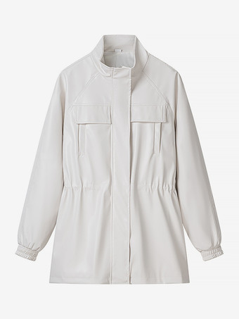 ホワイト レディース用フェイクレザーサファリジャケット - ドローストリングウエスト、ハイネック、カーゴポケット付きミディコート - 2026年春のシックなストリートウェア