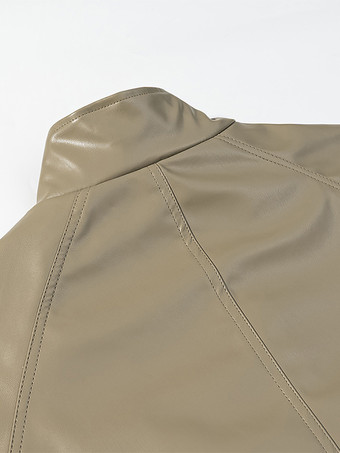 レディース用フェイクレザーサファリジャケット - ドローストリングウエスト、ハイネック、カーゴポケット付きミディコート - 2026年春のシックなストリートウェア