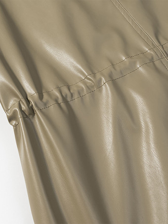 レディース用フェイクレザーサファリジャケット - ドローストリングウエスト、ハイネック、カーゴポケット付きミディコート - 2026年春のシックなストリートウェア