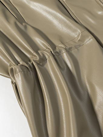 レディース用フェイクレザーサファリジャケット - ドローストリングウエスト、ハイネック、カーゴポケット付きミディコート - 2026年春のシックなストリートウェア