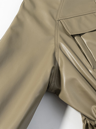 レディース用フェイクレザーサファリジャケット - ドローストリングウエスト、ハイネック、カーゴポケット付きミディコート - 2026年春のシックなストリートウェア