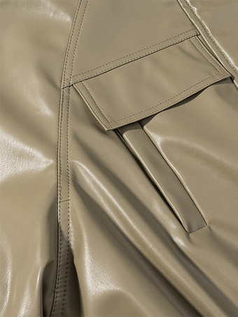 レディース用フェイクレザーサファリジャケット - ドローストリングウエスト、ハイネック、カーゴポケット付きミディコート - 2026年春のシックなストリートウェア