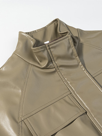 レディース用フェイクレザーサファリジャケット - ドローストリングウエスト、ハイネック、カーゴポケット付きミディコート - 2026年春のシックなストリートウェア