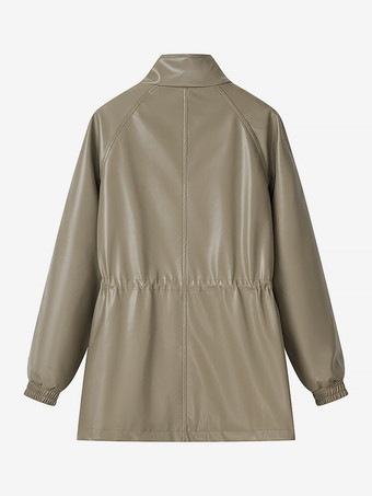 レディース用フェイクレザーサファリジャケット - ドローストリングウエスト、ハイネック、カーゴポケット付きミディコート - 2026年春のシックなストリートウェア