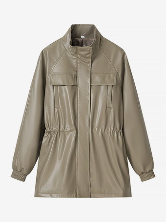 レディース用フェイクレザーサファリジャケット - ドローストリングウエスト、ハイネック、カーゴポケット付きミディコート - 2026年春のシックなストリートウェア