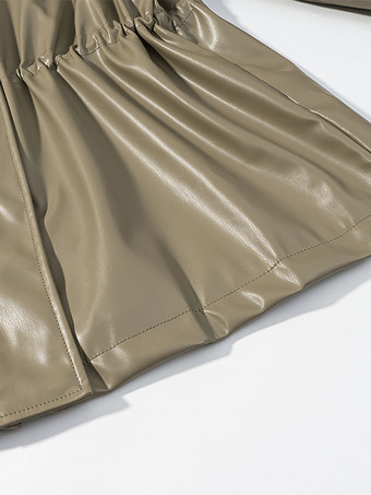 レディース用フェイクレザーサファリジャケット - ドローストリングウエスト、ハイネック、カーゴポケット付きミディコート - 2026年春のシックなストリートウェア