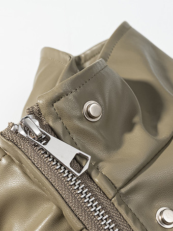 レディース用フェイクレザーサファリジャケット - ドローストリングウエスト、ハイネック、カーゴポケット付きミディコート - 2026年春のシックなストリートウェア