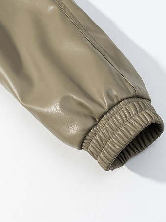 レディース用フェイクレザーサファリジャケット - ドローストリングウエスト、ハイネック、カーゴポケット付きミディコート - 2026年春のシックなストリートウェア