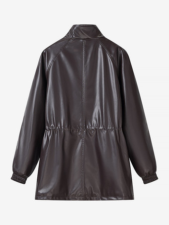 レディース用フェイクレザーサファリジャケット - ドローストリングウエスト、ハイネック、カーゴポケット付きミディコート - 2026年春のシックなストリートウェア