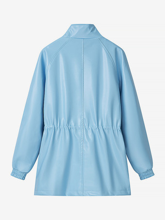 レディース用フェイクレザーサファリジャケット - ドローストリングウエスト、ハイネック、カーゴポケット付きミディコート - 2026年春のシックなストリートウェア