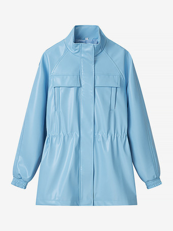 ライトスカイブルーレディース用フェイクレザーサファリジャケット - ドローストリングウエスト、ハイネック、カーゴポケット付きミディコート - 2026年春のシックなストリートウェア