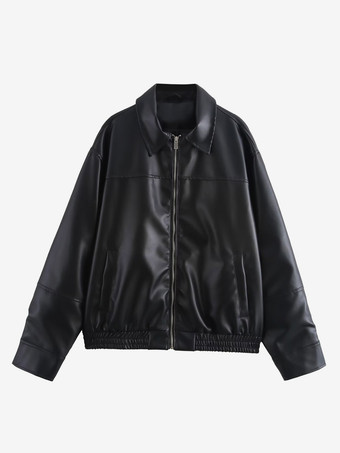 ヴィンテージ風フェイクレザーボンバージャケット（レディース） - レトロジップアップオーバーサイズハリントンモトコート - 春のカジュアルアウター 2026