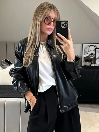 ブラック ヴィンテージ風フェイクレザーボンバージャケット（レディース） - レトロジップアップオーバーサイズハリントンモトコート - 春のカジュアルアウター 2026