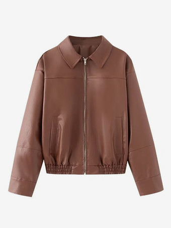 ラクダ色 ヴィンテージ風フェイクレザーボンバージャケット（レディース） - レトロジップアップオーバーサイズハリントンモトコート - 春のカジュアルアウター 2026