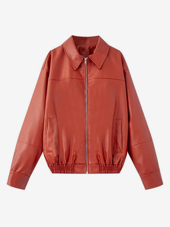 レッド ヴィンテージ風フェイクレザーボンバージャケット（レディース） - レトロジップアップオーバーサイズハリントンモトコート - 春のカジュアルアウター 2026