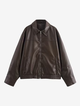ブラウン ヴィンテージ風フェイクレザーボンバージャケット（レディース） - レトロジップアップオーバーサイズハリントンモトコート - 春のカジュアルアウター 2026