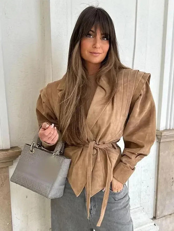 レディース用フェイクスエードラップジャケット - ブラウン砂時計型テーラードブレザー構造ショルダーコート - 2026年春のシックなストリートウェア