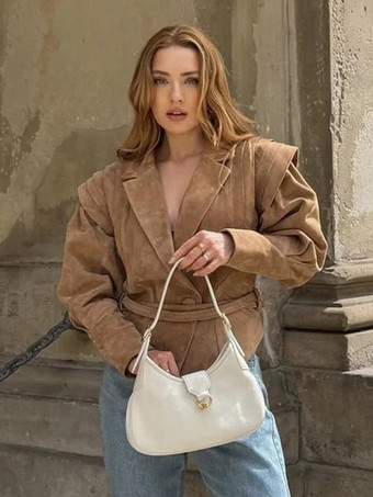 レディース用フェイクスエードラップジャケット - ブラウン砂時計型テーラードブレザー構造ショルダーコート - 2026年春のシックなストリートウェア