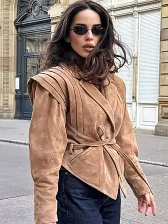 レディース用フェイクスエードラップジャケット - ブラウン砂時計型テーラードブレザー構造ショルダーコート - 2026年春のシックなストリートウェア