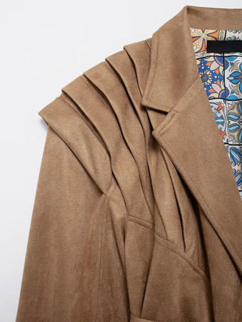 レディース用フェイクスエードラップジャケット - ブラウン砂時計型テーラードブレザー構造ショルダーコート - 2026年春のシックなストリートウェア