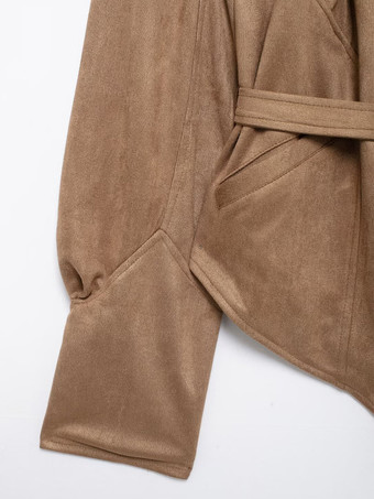 レディース用フェイクスエードラップジャケット - ブラウン砂時計型テーラードブレザー構造ショルダーコート - 2026年春のシックなストリートウェア